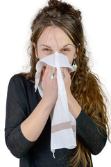 young woman has a cold on the white background