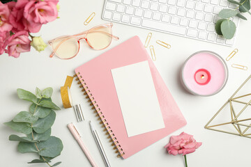 Composition with female accessories on white background. Woman blogger