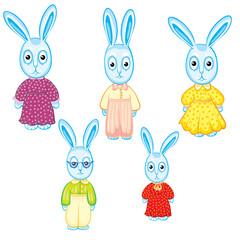 set of hares of children who are dressed in different clothes, isolated object on a white background, vector illustration,