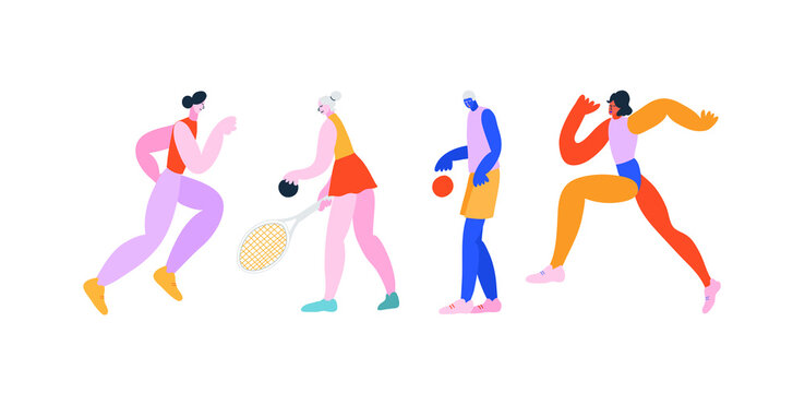 Colorful illustration set in vector. Collection of athletes. Running, tennis, volleyball. Depiction of sportsmen - girls and boy. Sport, activity, fitness.