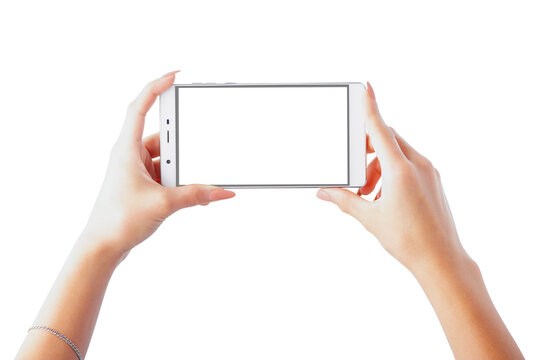 Smartphone in hand with an empty screen. Isolated object on white background. Photo, image.