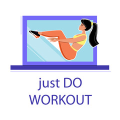 Young girl doing workout online on a white background isolated. Motivation for sports. Girl shakes the press