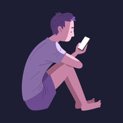 Guy in Pajamas Sitting with Smartphone at Night, Person Using Gadget in Bedtime Vector Illustration