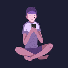 Teen Boy Sitting with Smartphone at Night, Person Using Digital Gadget for Playing Online Video Game or Chatting on Social Networks Vector Illustration