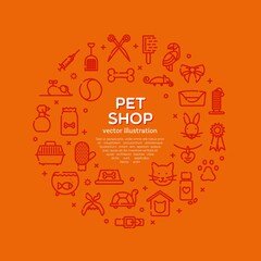 Design element, template for pet shop, veterinary clinic, pet store, zoo, shelter. Card, flyer, poster for advertisement. Flat style design, outline icons, vector illustration. Copy text space.
