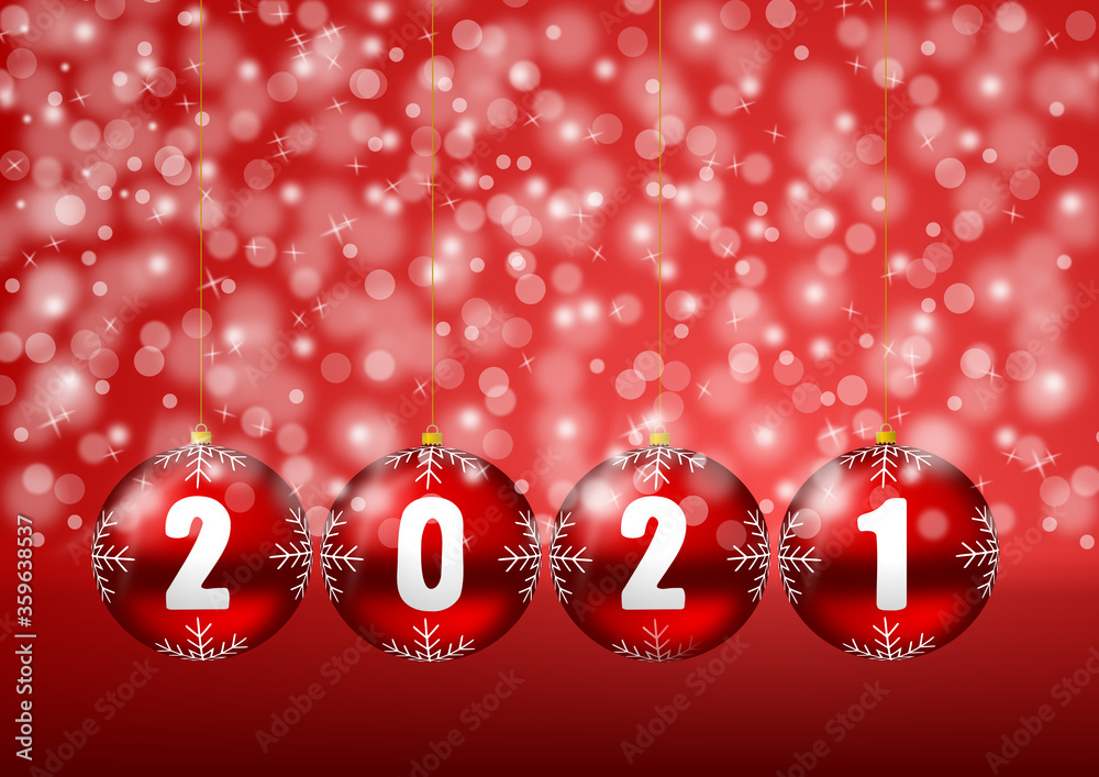 Poster new year 2021 illustration, greeting card with red christmas balls and snowflakes and empty copy spa