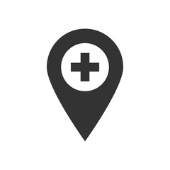 Map pointer pin vector simple black icon. Geotag location point with cross shape. Hospital sign isolated on white background. Vector illustration for web, apps, infographics