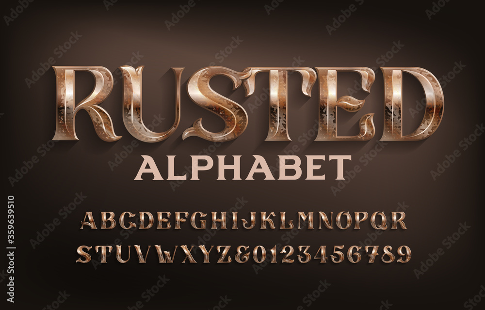 Fototapete rusted alphabet font. ancient scratched metal letters and numbers. stock vector typescript for your 