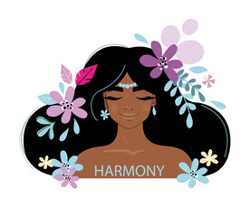 Beautiful afro american girl with flowers in her hair and the inscription harmony. The concept of mental health therapyBeautiful afro american girl with flowers in her hair and the inscription harmony