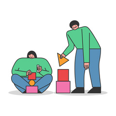 People playing with building bricks creating from blocks abstract constructions and figures