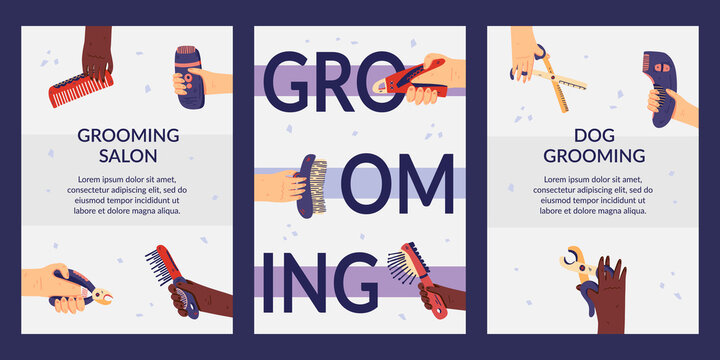 Set of grooming cards templates flat vector illustration. Web banners with groomer hands and tools for pet care salon advertising. For social network posts and stories, promo poster, coupon.