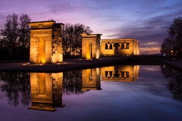 Sunset over the Templo de debod. The Temple of Debod is an ancient Egyptian temple which was rebuilt in Madrid, Spain.