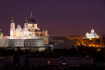 Madrid, Spain skyline at Santa Maria la Real de La Almudena Cathedral and the Royal Palace.