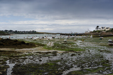 Breton coastal landscape. The Roscoff stranding port. Beach at low tide, seaweed and sand. Some fishermen's houses. Cloudy sky.