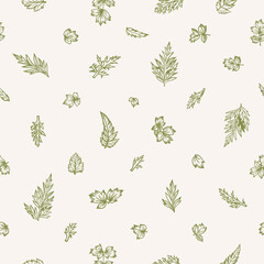 Summer seamless pattern with leaves. Vector botanical illustration. Green and white.