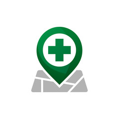 hospital location logo, medic icon with pin map logo concept