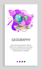 School discipline vector, geography with globe and map of planet Earth study about resources. Continents and oceans, waters and lands, text on web. Website slider app template, landing page flat style