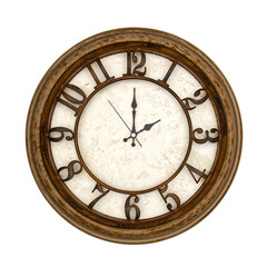 Wooden round analog wall clock isolated on white background, its two oclock.