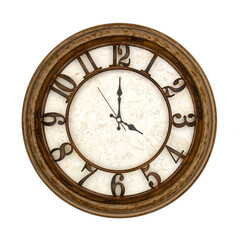 Wooden round analog wall clock isolated on white background, its four oclock.
