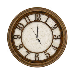 Wooden round analog wall clock isolated on white background, its five oclock.