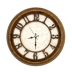 Wooden round analog wall clock isolated on white background, its half past eight.