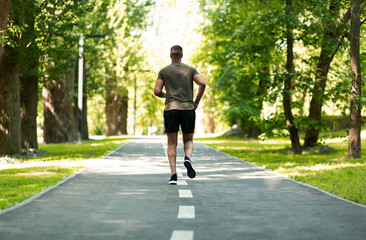 Obraz premium Back view of jogger running at green park on summer day