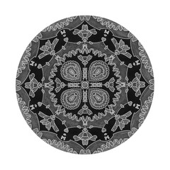 Colored pencil effects. Illustration mandala black, white and grey. Little hearts.  Decorative element