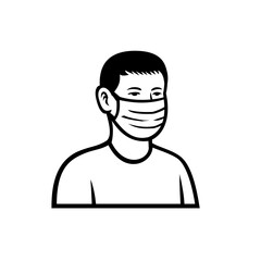 Asian Teenage Boy Wearing Face Mask Front View Retro Black and White