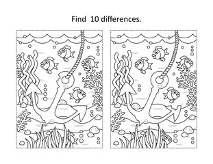 Find ten differences activity page with underwater life scene and anchor
