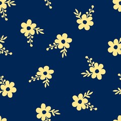 Simple beautiful floral vector seamless pattern. Hand drawn light beige  silhouette of flowers, leaves, berries on a dark blue background. For printing on fabric, textile products, wallpaper.