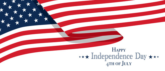 Happy fourth of July United States Independence Day celebrate banner with waving american national flag and text design. Vector illustration.
