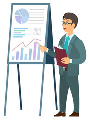 Man in suit with tie and glasses, clipboard in hands, pointing on board with charts and graphs, financial analysis and business education. Vector investor and growth of sales