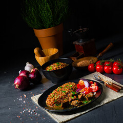 Buckwheat groats baked in the oven with beef goulash