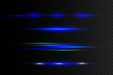 Blue horizontal lens flares pack. Laser beams, horizontal light rays.Beautiful light flares. Glowing streaks on dark background.