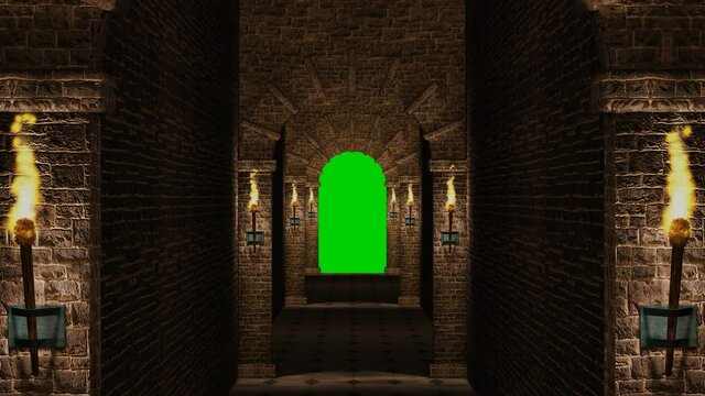 Medieval corridor with green screen