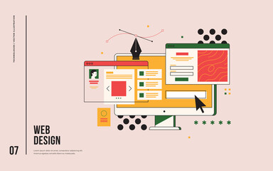 Web design concept. Interface elements and browser windows on the monitor screen. Digital industry. Innovation and technology. Vector flat illustration. - obrazy, fototapety, plakaty