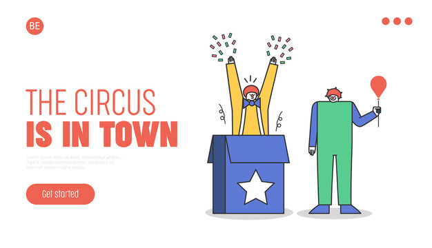 Circus landing page for website with funny clowns in colorful costumes jumping out of box