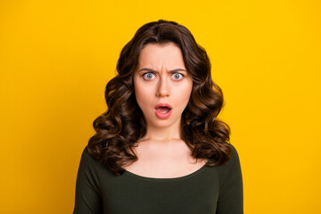 Close-up portrait of her she nice attractive lovely outraged dissatisfied wavy-haired girl stupor expression isolated on bright vivid shine vibrant yellow color background