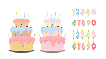 Set for design on a birthday theme. Holiday cake. Set of festive candles in the form of numbers. Isolated over white background. Vector.