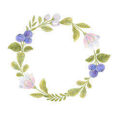Watercolor round frame with blueberries, flowers and leaves. Bright illustration with space for text.