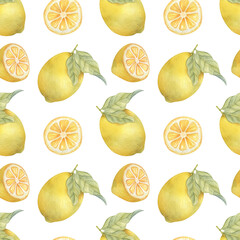 Watercolor seamless pattern with lemons and leaves on the light background. Bright watercolor illustration.