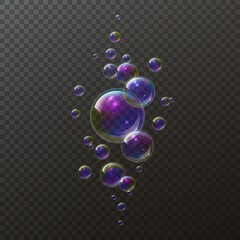 Realistic soap bubbles. Shampoo foam rainbow bubble. Iridescent cloud of soapy balls. Vector background isolated