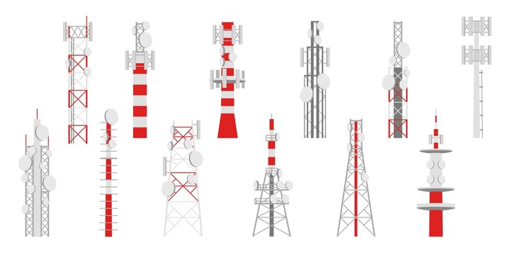 Radio masts. Telecom transmitter towers, television and broadcasting antenna telecommunication satellite signal network, vector set