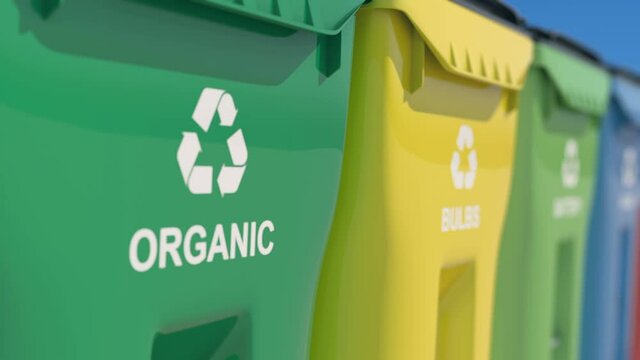 Plastic bins, garbage cans, recycling. Colored boxes, waste sorting, metal, plastic, glass, bulbs, organic. Colorful waste, with recycling sign. Saving the natural environment. An ecological approach 
