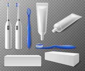Toothbrush and tubes. Realistic different toothbrushes, packaging and tubes toothpaste mockup, dentistry accessory hygiene mouth vector set