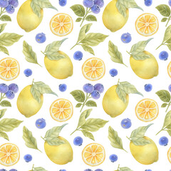 Watercolor seamless pattern with lemons, blueberries and leaves on the light background. Bright watercolor illustration.