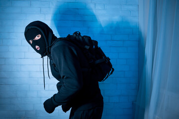 Sneaky scared robber ready to steal something at home - obrazy, fototapety, plakaty