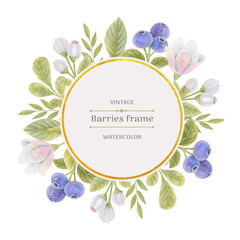 Watercolor round frame with blueberries, flowers and leaves. Bright illustration with space for text.