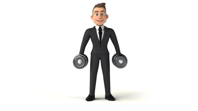 Fun 3D cartoon business man with weights