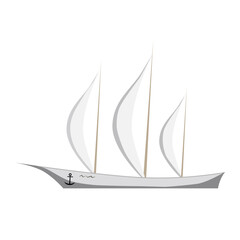 Elegant sailing yacht isolated on white. White sailboat. An anchor hangs on board. Tall masts with taut sails. Vector EPS10.